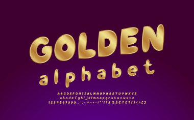 Altın alfabe. Zarif vektör yazı tipi, büyük ve küçük harfler, sayılar, noktalama işaretleri, para birimi sembolleri. Koyu menekşe eğimli arkaplan