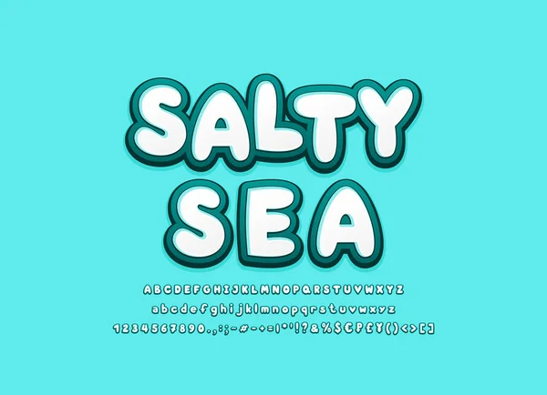 Sós tenger ábécé 3d betűtípusok tengeri türkiz színek. Király rajzfilm félkövér betűtípus, nagybetűs és kisbetűs betűk, számok, szimbólumok. Vektorillusztráció — Stock Vector