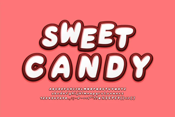 Sweet candy alfabet 3d lettertypen wit rode kleuren. Vet Italisch lettertype, hoofdletters en kleine letters, cijfers, symbolen. Vectorillustratie — Stockvector