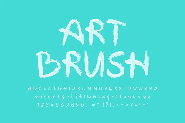 Paint brush alphabet white color on turquoise color background. Uppercase and lowercase letters, numbers and punctuation marks. Vector illustration — Stock Vector