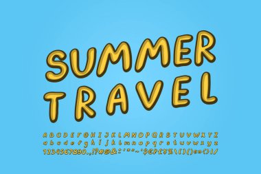 Çizgi film sarı alfabe boya fırçası italik yazı tipi. Büyük ve küçük harfler, sayılar, noktalama işaretleri. Vektör illüstrasyonu