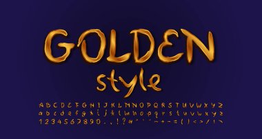 Altın alfabe alfabesinin el yazısıyla yazılmış altın rengi. Büyük ve küçük harfler, sayılar, semboller. Donanma mavisi renkler. Vektör illüstrasyonu