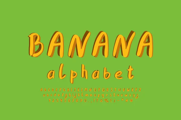 Modern alfabet banan gul färg. Bokstäver typsnitt, måla penselteckensnitt, stora och små bokstäver, siffror. Vektorillustration — Stock vektor