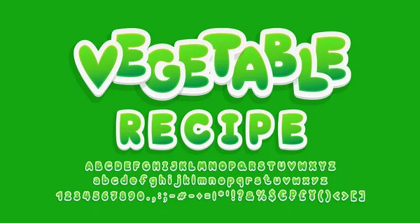 Блестящий стилистический стиль Alphabet свежего зеленого цвета. Продуктовый мультфильм 3d шрифт, буквы, цифры, сиолы в кейсе и логотипе. Векторная иллюстрация — стоковый вектор