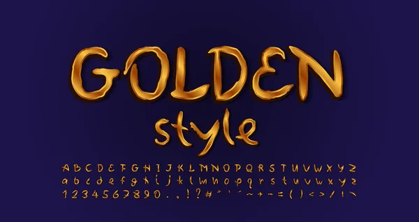 Altın alfabe alfabesinin el yazısıyla yazılmış altın rengi. Büyük ve küçük harfler, sayılar, semboller. Donanma mavisi renkler. Vektör illüstrasyonu — Stok Vektör