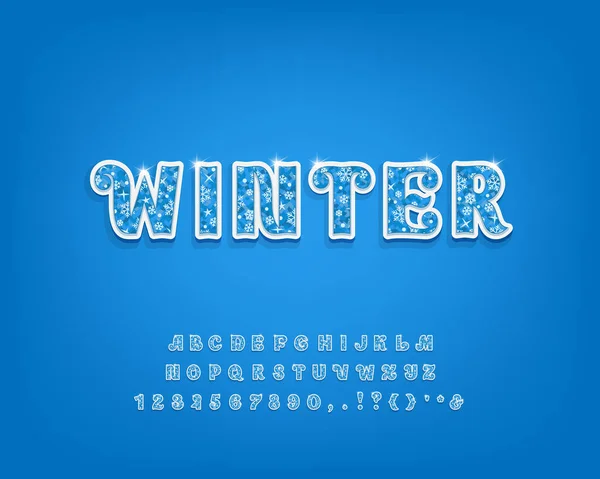 Oryginalny alfabet 3D. Niebieska czcionka wektorowa z mroźną konsystencją, wystrojem płatków śniegu i świecącymi gwiazdami. Duże litery, cyfry i znaki interpunkcyjne. Piękny krój pisma dla tematów zimowych — Wektor stockowy