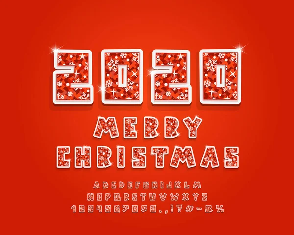 メリークリスマスの紙のアルファベット。オレンジ色の氷のテクスチャ、白い雪片と光沢のある星と3Dベクトルフォント。大文字、数字、句読点を重ねます。新年のデザインのためのカラフルな書体 — ストックベクタ