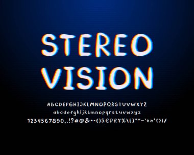 Stereo stili alfabe. Soyut retro vektör yazı tipi, beyaz, kırmızı, sarı, mavi renkler. Büyük ve küçük harfler, sayılar, işaretler. Koyu lacivert arkaplan, gradyan ve doğrusal desenli.