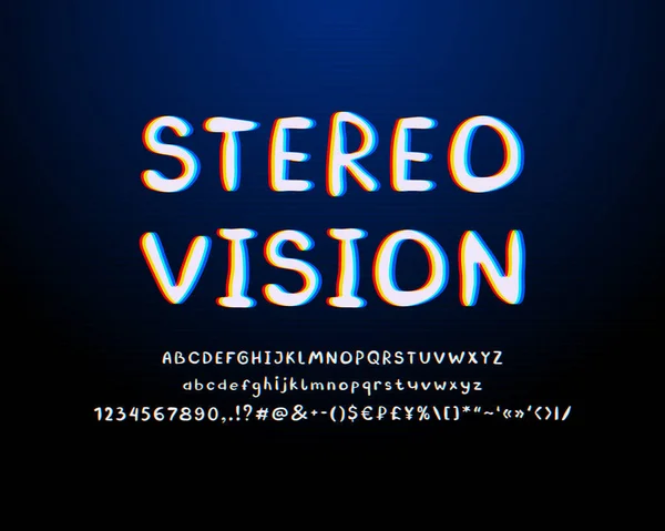 Stereo stil alfabet. Abstrakt retro vektor teckensnitt, vit, röd, gul, blå färger. Upprullade och gemena bokstäver, siffror, märken. Mörkblå bakgrund, med lutning och linjär konsistens — Stock vektor