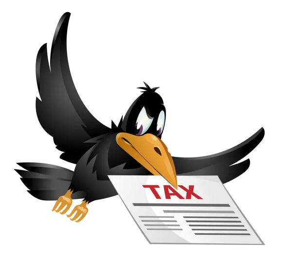Flying crow with a tax letter. Cartoon styled vector illustration. On white background.