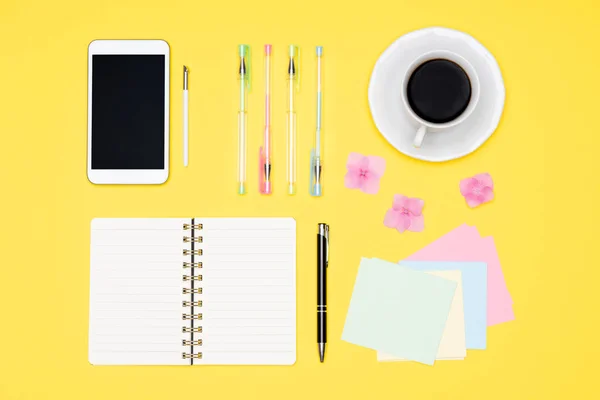 Student Desk Flat Lay Top View Working Space Table Morning — Stock Photo, Image