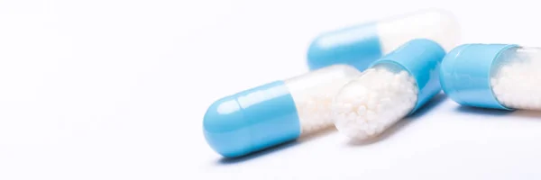 White Blue Medication Capsules White Background Medication Prescription Pills Web — Stock Photo, Image