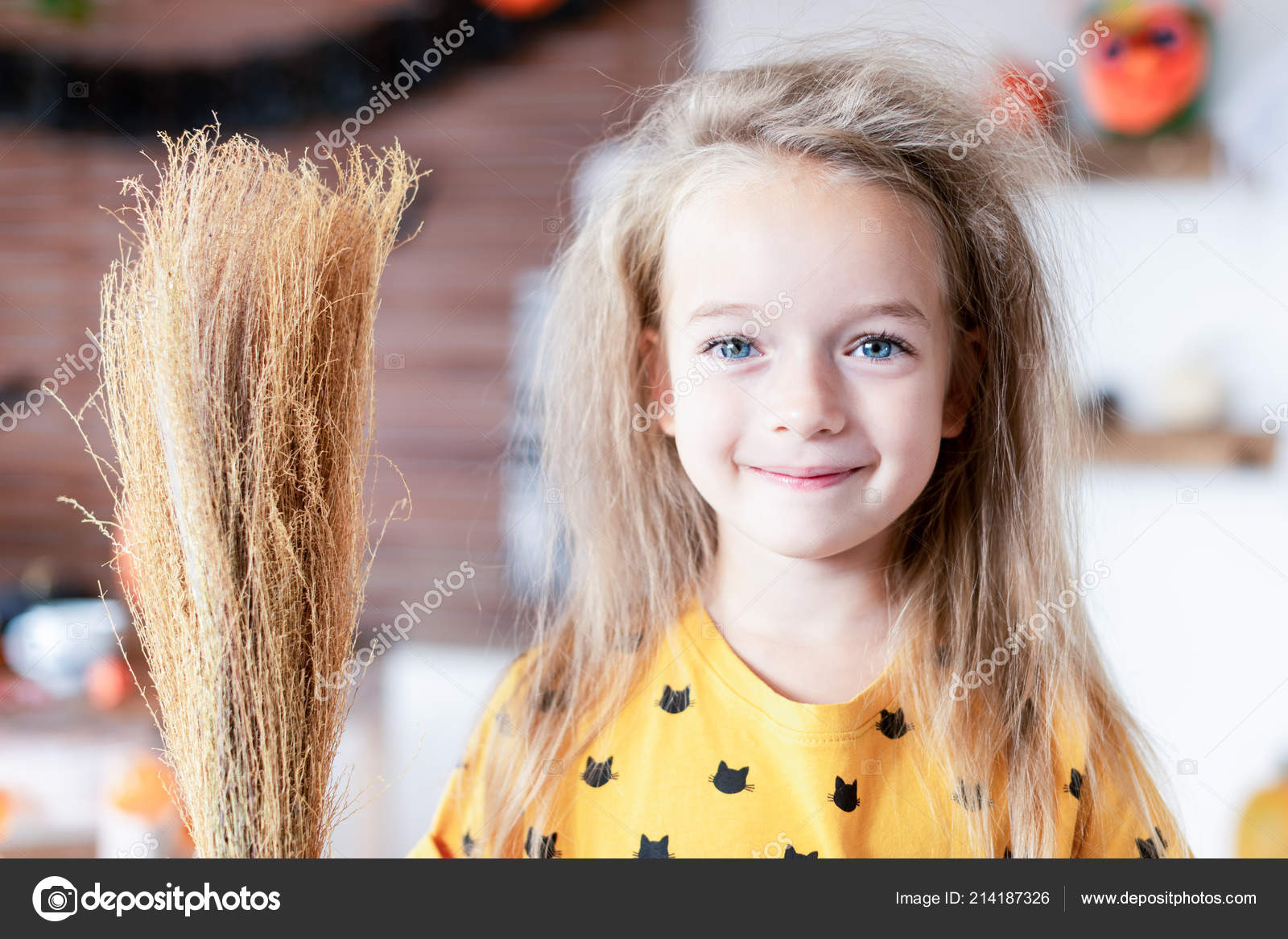 Cute Little Girl Messy Hair Dressed Witch Holding Broom Standing