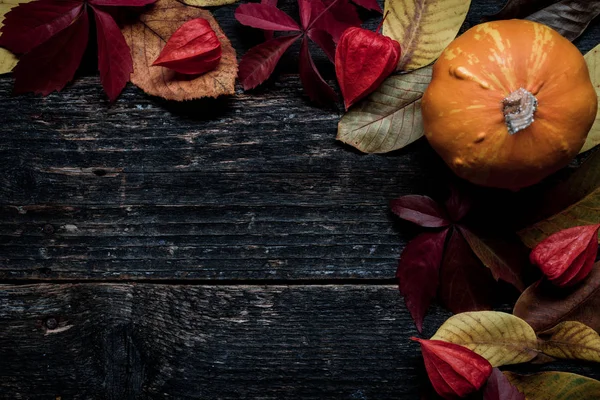 Frohe Danksagung Kürbis Und Abgefallene Blätter Auf Dunklem Holzgrund Herbstgemüse — Stockfoto