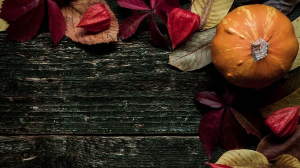 Frohe Danksagung Kürbis Und Abgefallene Blätter Auf Dunklem Holzgrund Herbstgemüse — Stockfoto