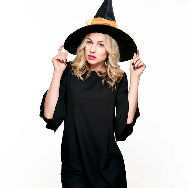 Sinnliches Halloween Hexenatelier Porträt Attraktive Junge Frau Hexen Halloween Kostüm — Stockfoto