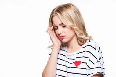 Young Woman Having Headache. Stressed Exhausted Young Woman Having Strong Tension Headache. Waist up Portrait Of Beautiful Woman Suffering From Migraine, Feeling Pressure And Stress.  clipart