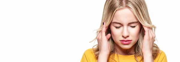 Young Woman Having Headache Stressed Exhausted Young Woman Massaging Her — Stock Photo, Image