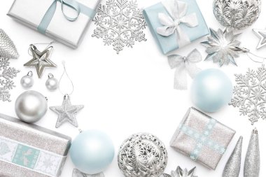 Silver and pastel blue christmas gifts, ornaments and decorations isolated on white background. Wrapped xmas boxes, christmas ornaments and baubles. Christmas border. clipart