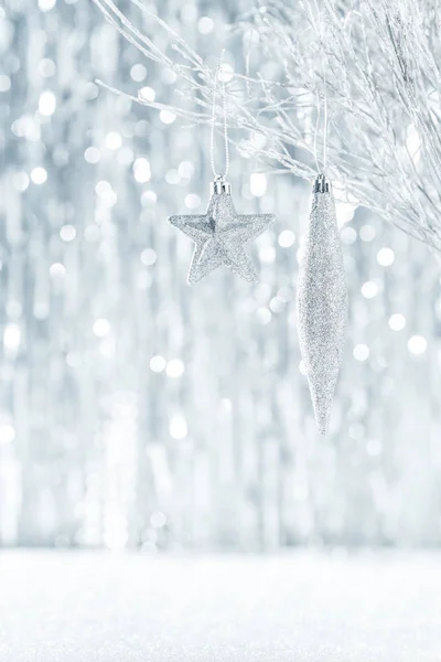 Shiny Silver Christmas Ornaments Hanging Tree Defocused Christmas Lights Background — Stock Photo, Image
