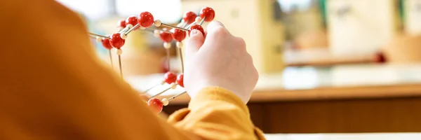 Жінка Студент Тримає Модель Молекулярної Структури Концепція Наукового Класу Веб — стокове фото
