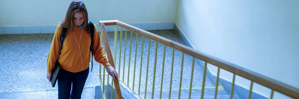 Young Depressed Lonely Female College Student Walking Stairs Her School — Stock Photo, Image