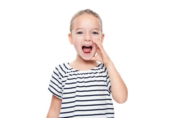 Cute Little Girl Stripped Shirt Shouting Speech Therapy Concept White — Stock Photo, Image