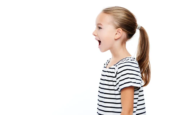 Cute Little Girl Stripped Shirt Talking Speech Therapy Concept White — Stock Photo, Image