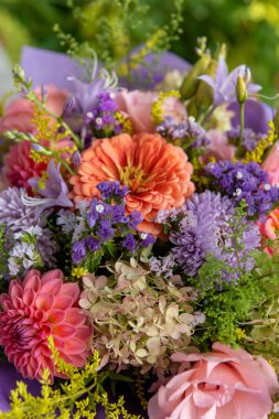 Yaz buketi. Güzel mor, kızarık ve turuncu çiçek aranjmanı. Yaz çiçeklerinden yapılmış doğum günü ya da düğün buketi.