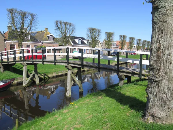 Hollandalı Balıkçı Köyü Kanalda Boyunca Üst Budanmalıdır Ağaçlar — Stok fotoğraf