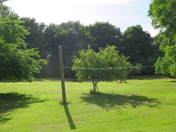 Wooden post and cloth line on farmhouse lawn in Southern Denmark