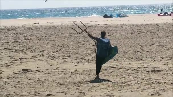 Tarifa Espagne Avril 2019 Préparation Kite Surf Sur Plage Tarifa — Video