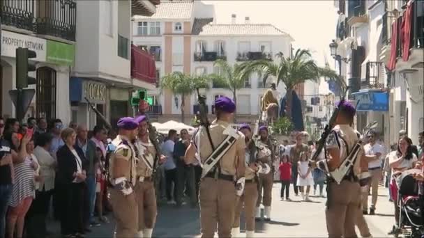 Alora Spanien April 2019 Gastkapellen Spielen Palmsonntag Andalusischem Dorf — Stockvideo