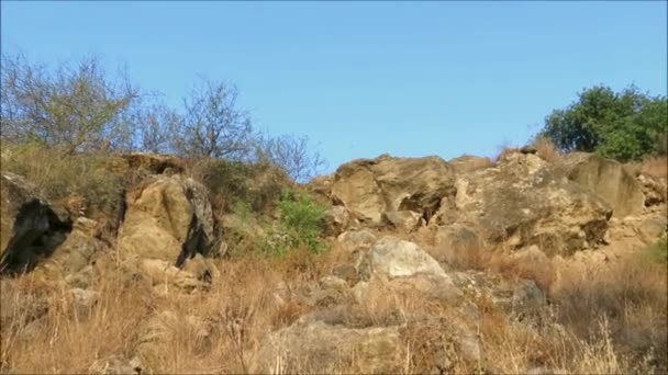 Rotskaap Tegen Blauwe Lucht Het Andalusische Platteland Als Een Grote — Stockvideo