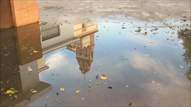 Beffroi Couvent Flores Reflété Dans Une Grande Flaque Eau Pluie — Video