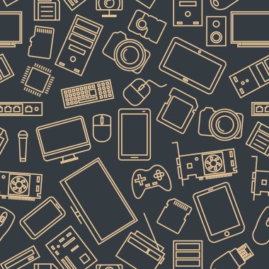 İnce çizgiler, vektör çizim bilgisayar ve gadget simgeleri bir dizi seamless modeli.