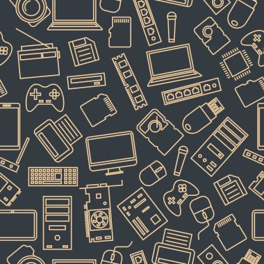 İnce çizgiler, vektör çizim bilgisayar ve gadget simgeleri bir dizi seamless modeli.