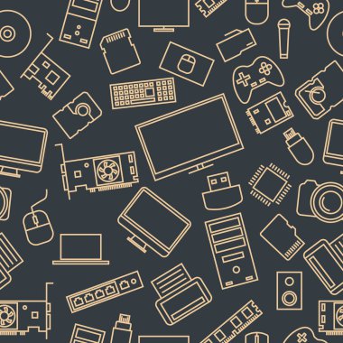 İnce çizgiler, vektör çizim bilgisayar ve gadget simgeleri bir dizi seamless modeli.