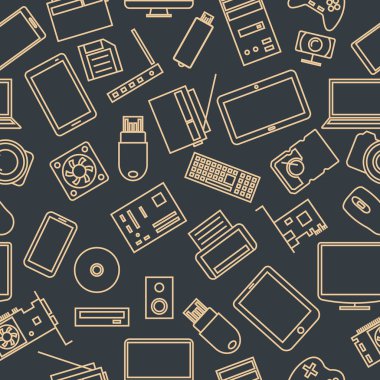İnce çizgiler, vektör çizim bilgisayar ve gadget simgeleri bir dizi seamless modeli.