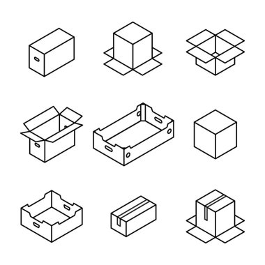Beyaz arka planda izole edilmiş ince çizgilerden oluşan farklı karton kutular. Paketleme tasarım elemanları. Düz 3D izometrik biçim, vektör illüstrasyonu.