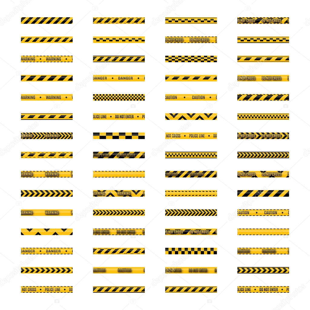 Set of seamless yellow and black warning tapes with text do not cross, warning, caution. Isolated on white background. Design elements for reconstruction, vector illustration.