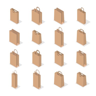Set of different paper bags isolated on white background. Element of package design. Flat 3D isometric style, vector illustration. clipart
