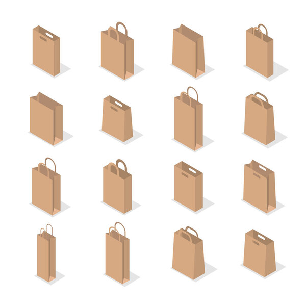 Set of different paper bags isolated on white background. Element of package design. Flat 3D isometric style, vector illustration.