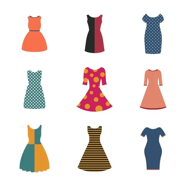 Conjunto Vestidos Femeninos Estilo Plano Aislados Sobre Fondo Blanco Ilustración — Vector de stock