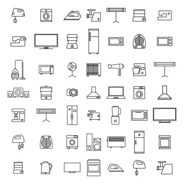 Beyaz arka planda izole edilmiş, ince çizgilerden ev aletlerinin farklı elementleri, vektör illüstrasyonu.