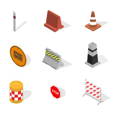 Beyaz arka planda izole edilmiş farklı tabela tamiri seti. İnşaat tasarım elementleri. Düz 3D izometrik biçim, vektör illüstrasyonu.