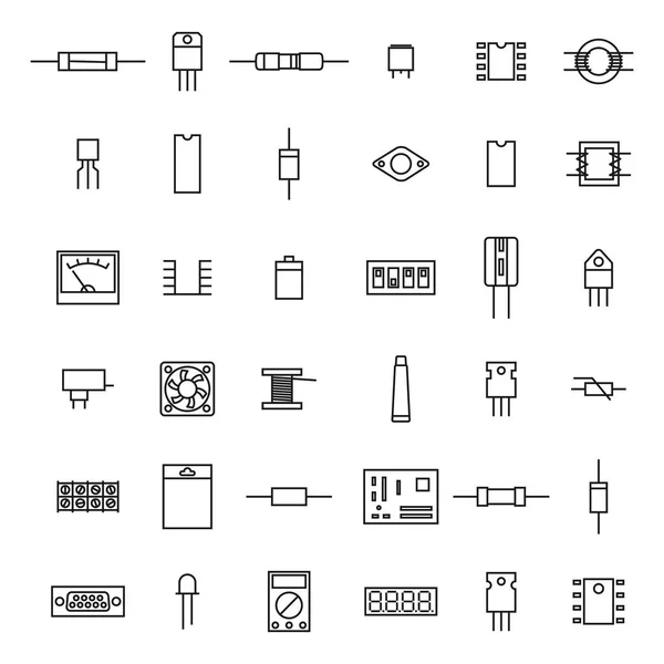 Conjunto Varios Componentes Electrónicos Radio Las Líneas Delgadas Aislados Sobre — Vector de stock