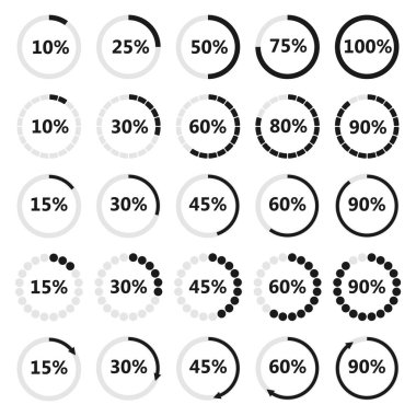 Beyaz arkaplanda izole edilmiş dairesel yük çubuğu seti. Beş seçenek, düz biçim, vektör illüstrasyonu.