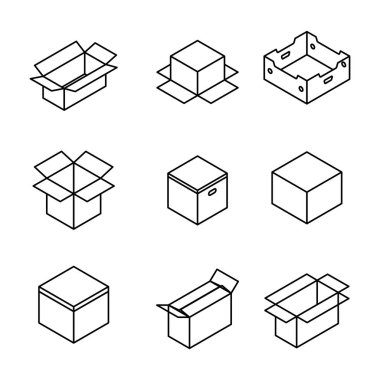 Beyaz arka planda izole edilmiş ince çizgilerden oluşan farklı karton kutular. Paketleme tasarım elemanları. Düz 3D izometrik biçim, vektör illüstrasyonu.