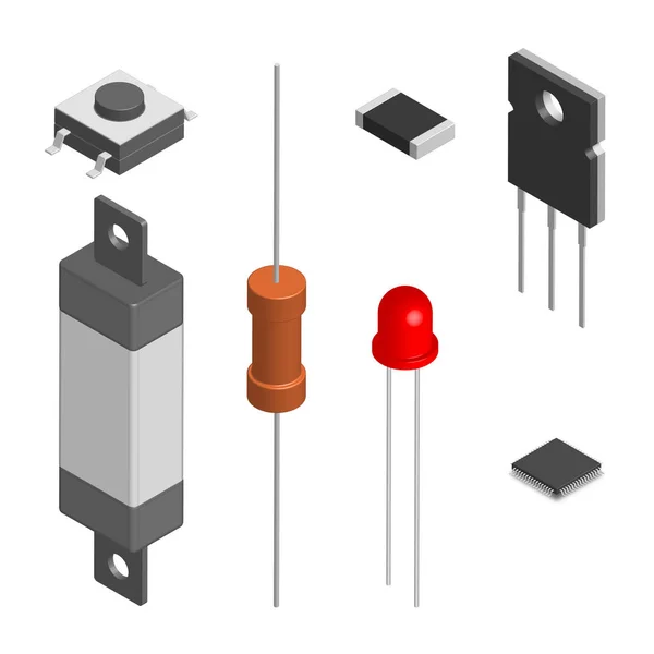 Set Verschiedener Aktiver Und Passiver Elektronischer Komponenten Isoliert Auf Weißem — Stockvektor